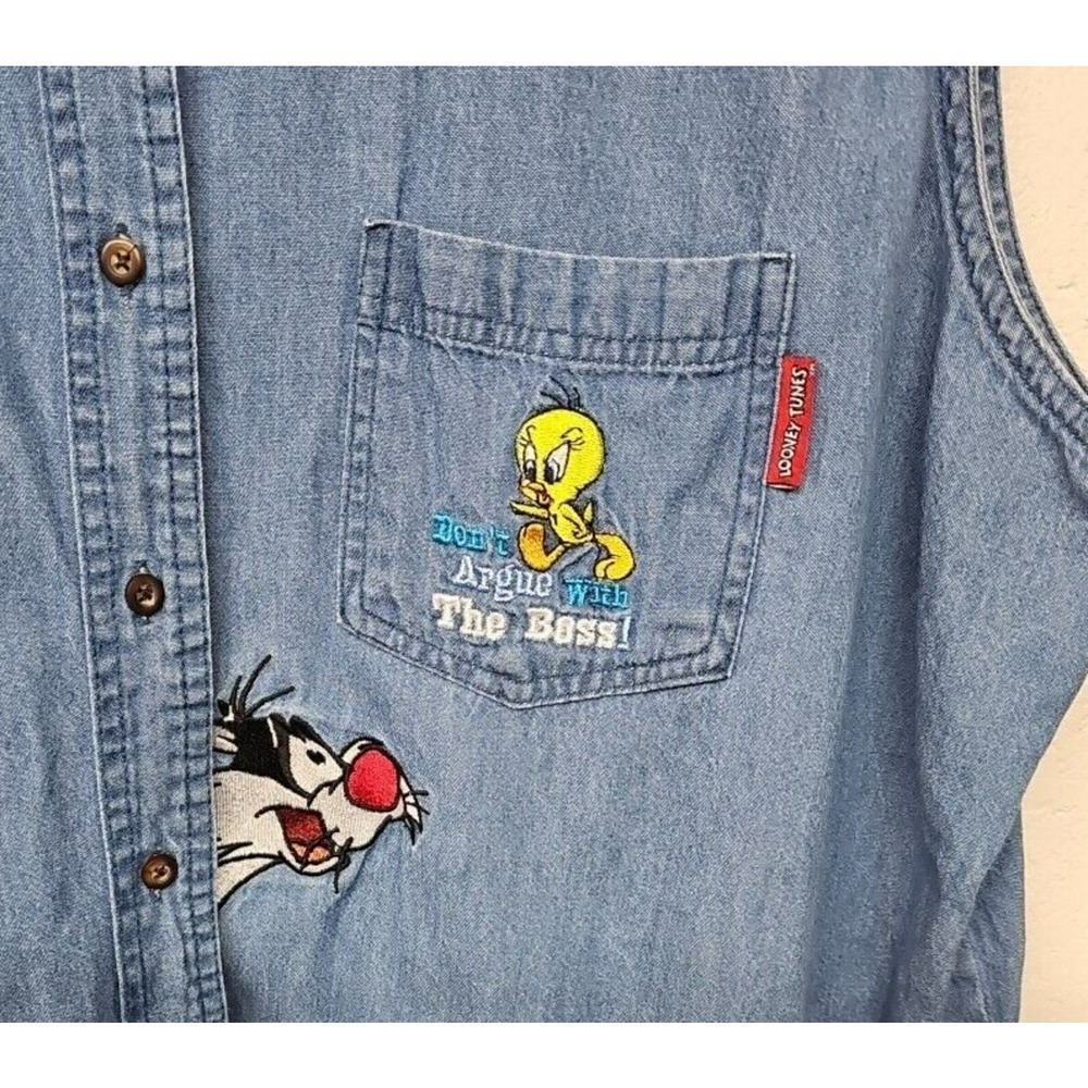Vtg Sylvester Tweety Bird Womens Chambray Shirt Sz 22/24 LooneyTunes Embroidered - Picture 3 of 8